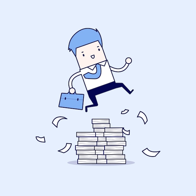 Businessman or manager jumping over obstacles Large stack of documents Cartoon character.