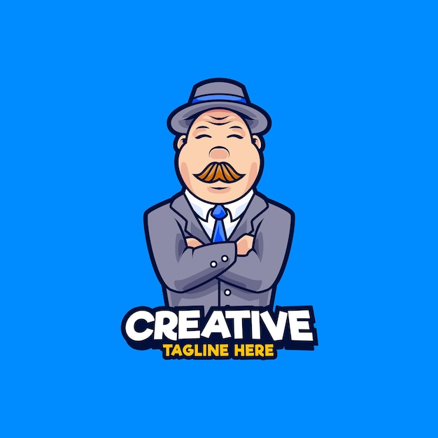 Businessman mascot logo design illustration. Fat men wearing suit and hat vector illustration