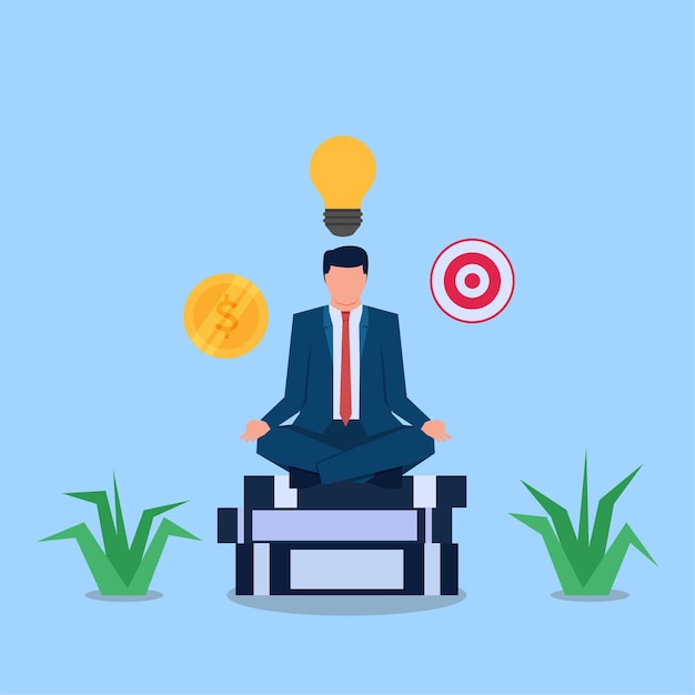 Businessman meditating above books while bulb money and target fly around