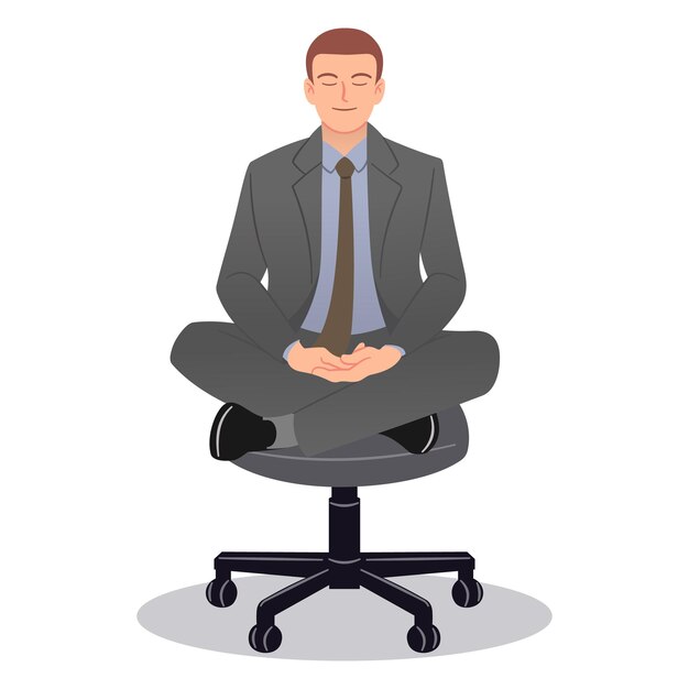 Vector businessman meditating happy face on the working chair in office isolated on white background