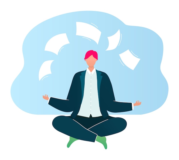 Vector businessman meditating in lotus position with floating papers around mindful meditation practice in work environment stress relief and mindfulness at work vector illustration