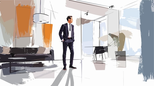 Vector businessman in modern interior handdrawn vector illustration