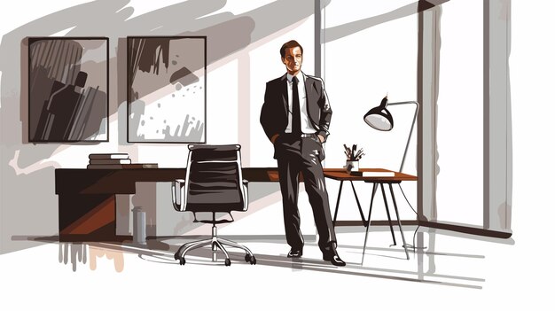 Vector businessman in office interior handdrawn vector isolated illustration