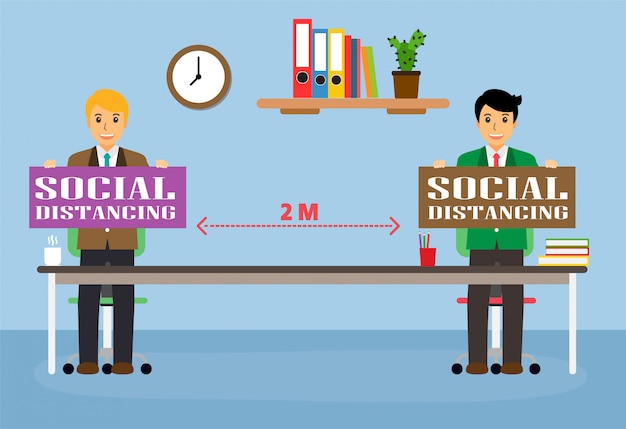 Businessman office people maintain social distancing. New normal at job working.