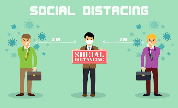 Vector businessman office people maintain social distancing. new normal at job working.