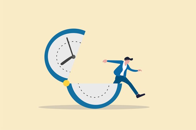 Vector businessman out from clock concept of time management success deadline and efficiency