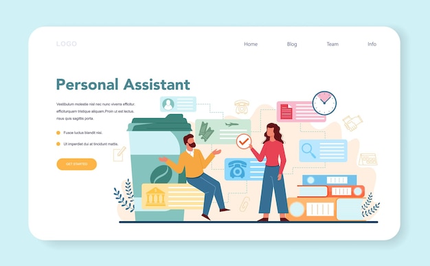 Businessman personal assistant web template or landing page. Professional help and support for manager. Worker answering calls and assisting with document.