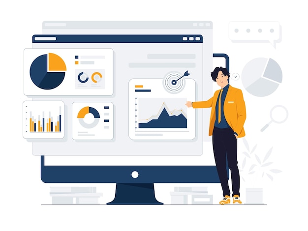 Businessman pointing finger at chart to analyzing growth Site stats Data inform Statistics monitoring financial reports and investments concept illustration