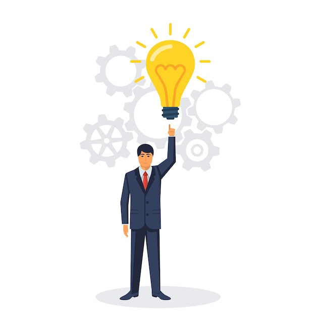 Businessman points to a big light bulb as a symbol big idea New creative idea Problem solution metaphor Vector illustration flat design Isolated on white background Thinking processes