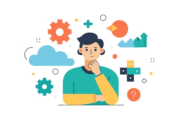 Vector businessman pondering business challenges surrounded by icons representing critical thinking and problemsolving in a flat design