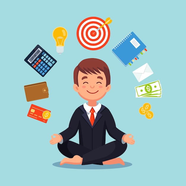 Businessman practicing mindfulness meditation with office icons on the background. Multitasking and time management concept. Man practices yoga in the Lotus position