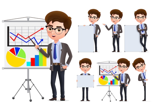 Businessman presentation vector character set Business man characters in presentation standing