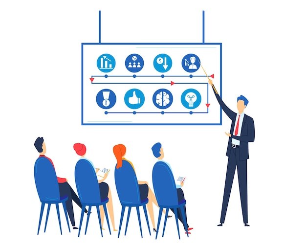 Vector businessman presenting analytics to team in meeting corporate training with manager teaching staff business presentation and strategy analysis vector illustration