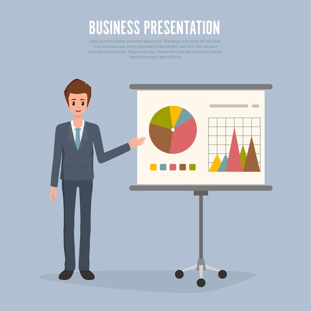 Businessman presenting to business data in whiteboard.