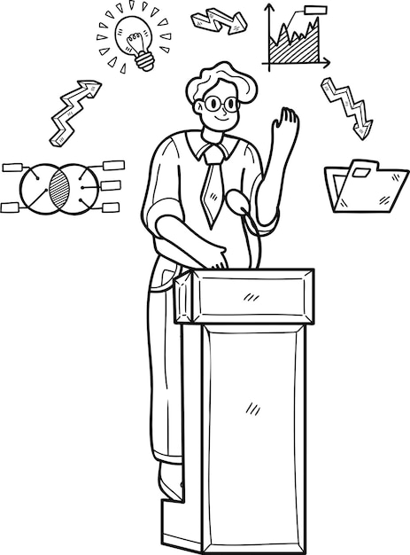 Businessman presenting on the podium with confidence illustration in doodle style