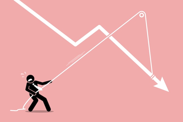 Businessman pulling a falling arrow graph chart from further dropping down.  artwork depicts economy crisis, downturn, financial pressure, and burden.