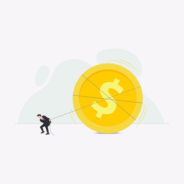 Businessman pulling the giant dollar coin Fund raising looking for investor concept vector illustration