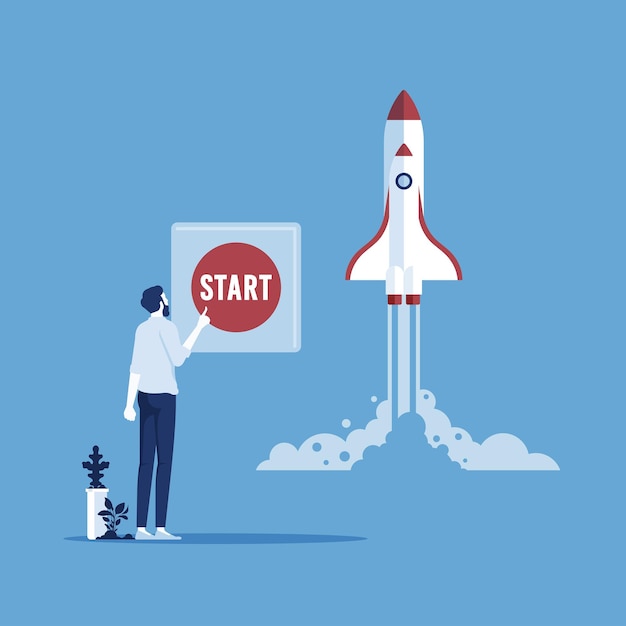 Businessman pushing the button start to launch rocket, startup new business project