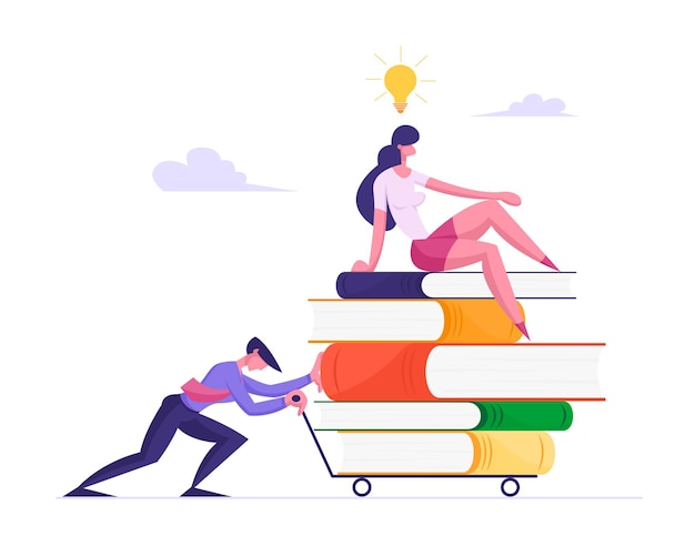 Vector businessman pushing heavy trolley with heap of books and businesswoman sitting on top