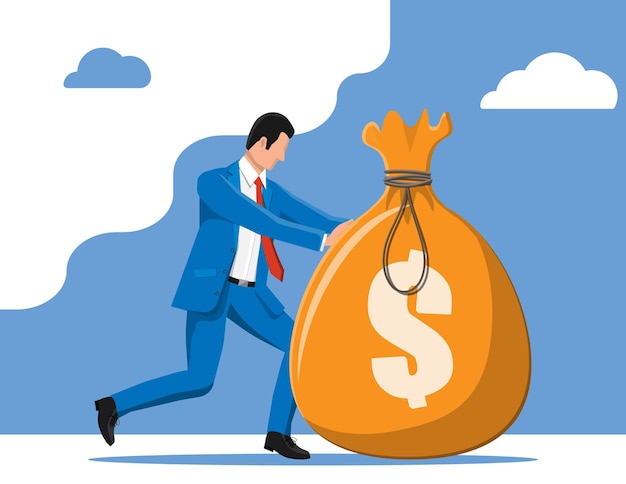 Businessman pushing large bag full of money. Businessman with big heavy sack full of cash. Growth, income, savings, investment. Symbol of wealth. Business success. Flat style vector illustration.