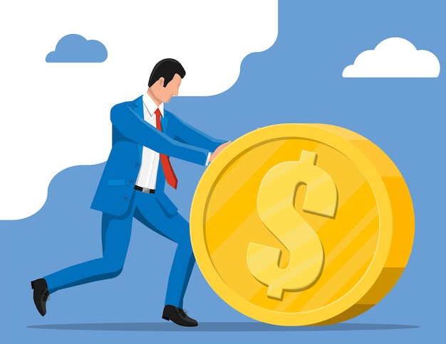 Businessman pushing large golden coin. Businessman with big gold coin with dollar sign. Growth, income, savings, investment. Symbol of wealth. Business success. Flat style vector illustration.