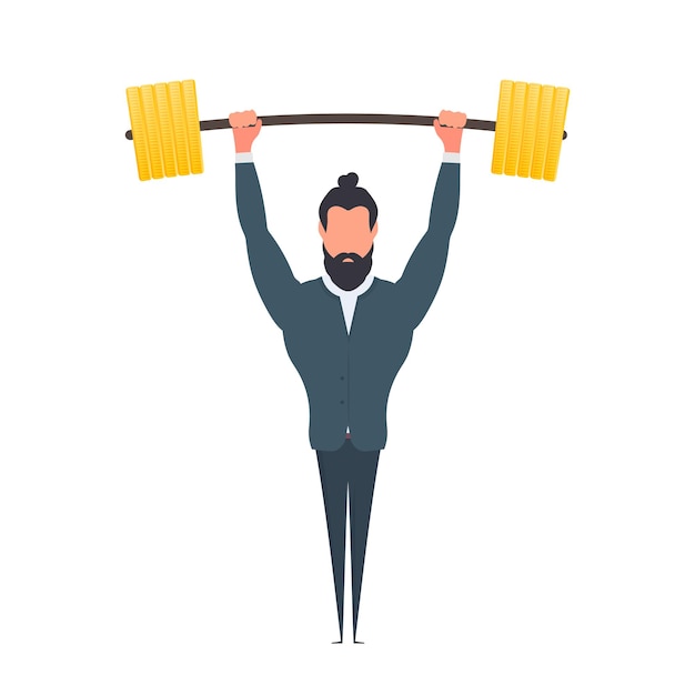 Businessman raises the barbell with gold coins. A man in a suit with a barbell. The concept of a successful business and revenue growth. Isolated. Vector.