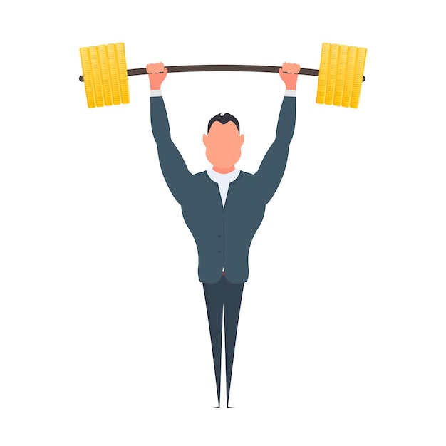 Businessman raises the barbell with gold coins. A man in a suit with a barbell. The concept of a successful business and revenue growth. Isolated. Vector.