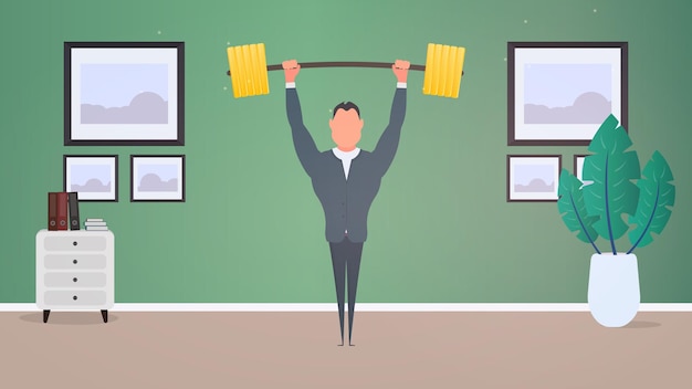 Businessman raises the barbell with gold coins. A man in a suit with a barbell. The concept of a successful business and revenue growth. Vector.