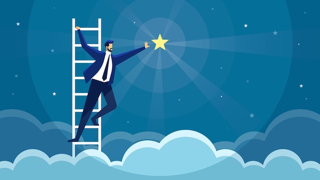 Businessman reaching star climbing ladder Opportunity goal achievement