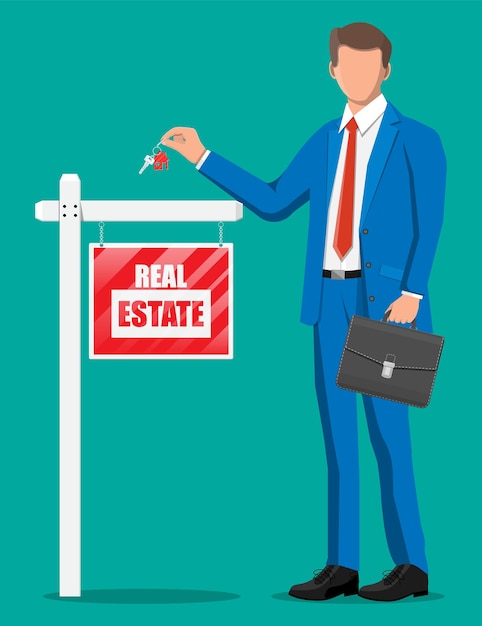 Businessman or realtor holding key. Wooden placard with real estate sign. Mortgage, property and investment. Buy sell or rent realty. Flat vector illustration