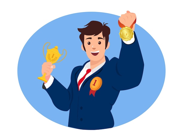 Businessman receiving trophy and a gold medal for outstanding employees Chalong wins an award Vector illustration for success success Successful career concept