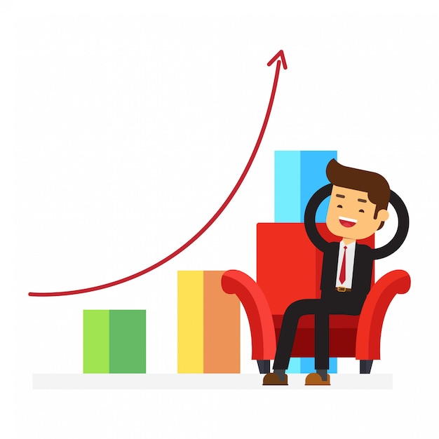 Businessman relaxing on chair in Background business graph