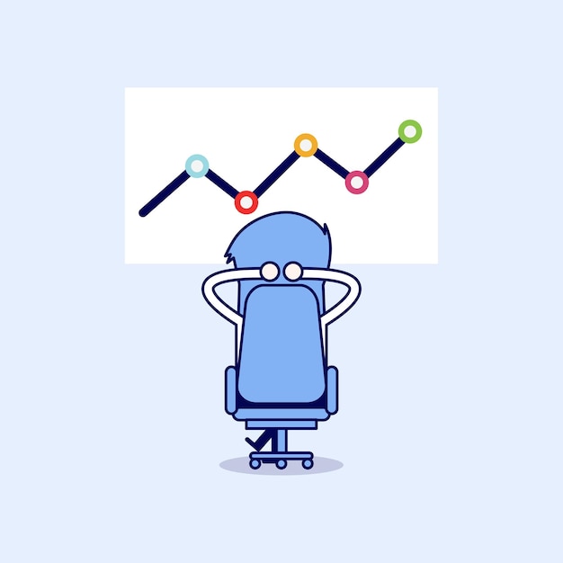 Businessman relaxing in his chair with growing graph. Cartoon character thin line style vector.