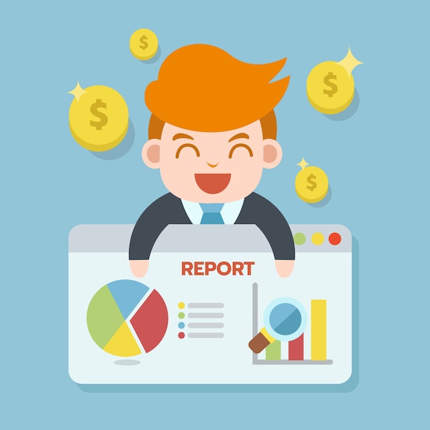 Businessman reporting on web browser presentation with money coin and chart icon 