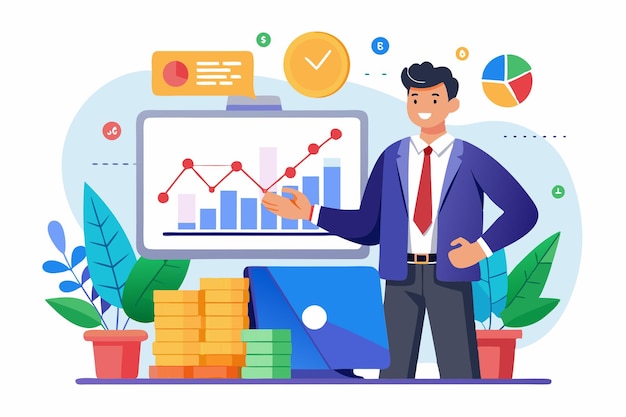 A businessman reviews financial data on a screen assessing profits and investments in a vibrant office Businessman invests capital and analyzes profit graph for stock trading investment