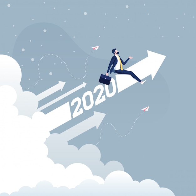 Businessman riding 2020 arrow going up Business concept