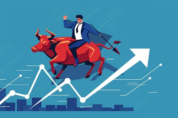 Vector businessman riding bull on upward arrow