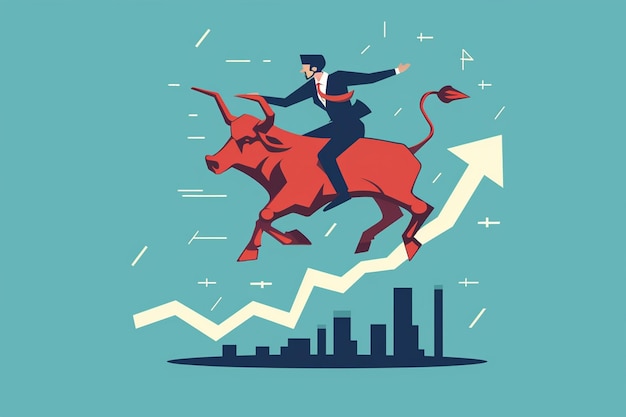 Vector businessman riding bull on upward arrow