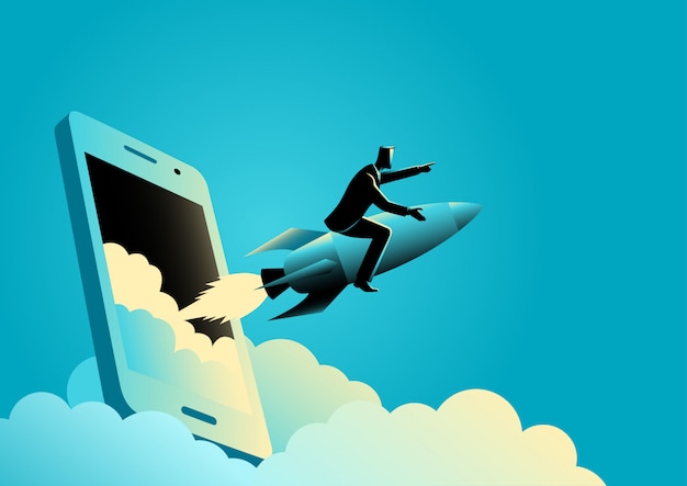 Businessman riding a rocket comes out from smartphone