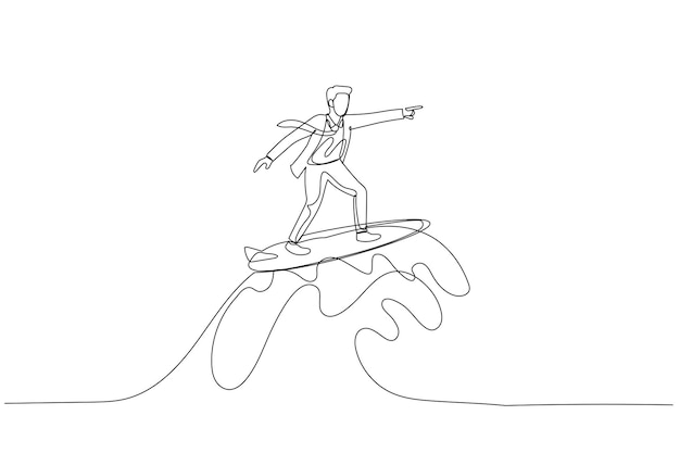 Businessman riding surf board with wave Concept of overcome difficulty