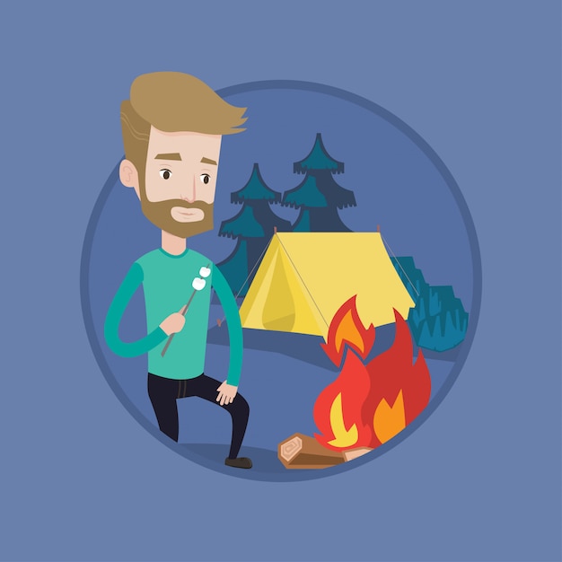 Businessman roasting marshmallow over campfire.