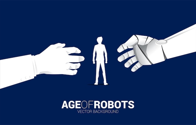 Businessman and Robot hand reach to touch with human hand concept birth of ai learning machine era