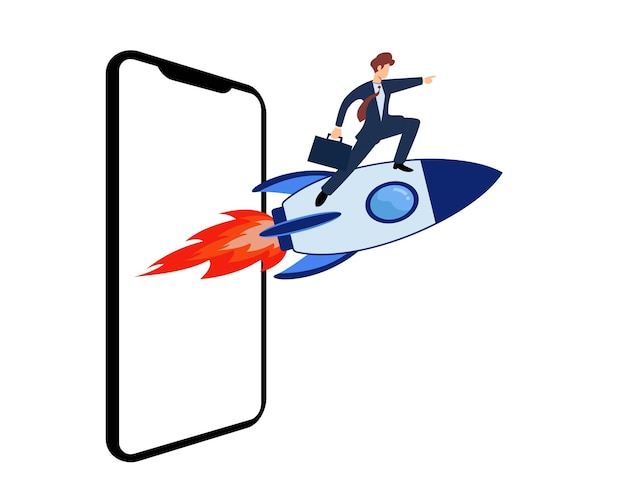 businessman on rocket launch from smartphone. concept of launching a business. successful business