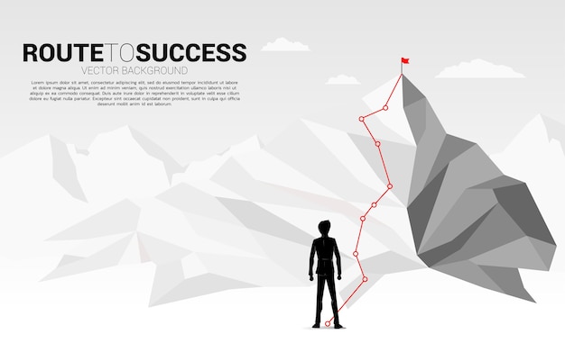 Businessman and Route to the top of mountain: Concept of Goal, Mission, Vision, Career path