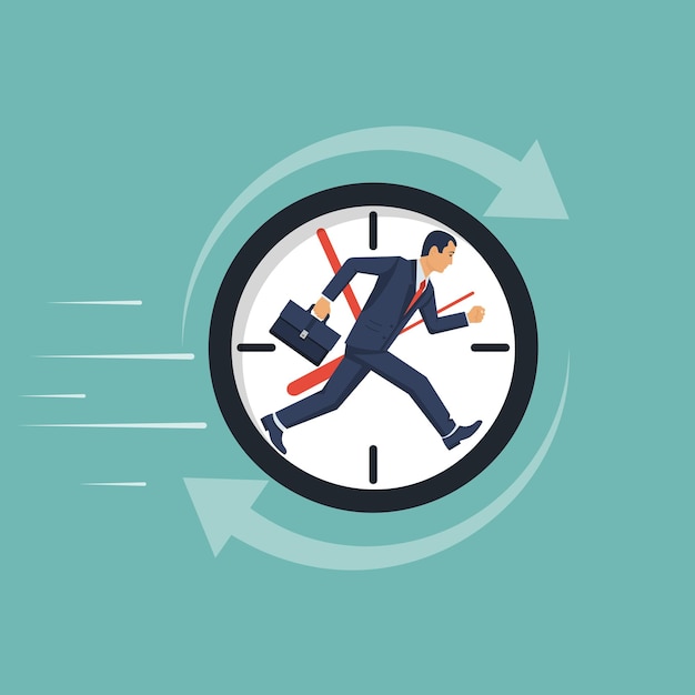 Businessman running away in clock Control time Vector illustration flat design Isolated on background Full time job Human in suit tie with briefcase Endless work Concept business