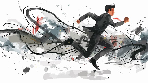 Vector businessman running in chaos abstract mixed media handdrawn artwork