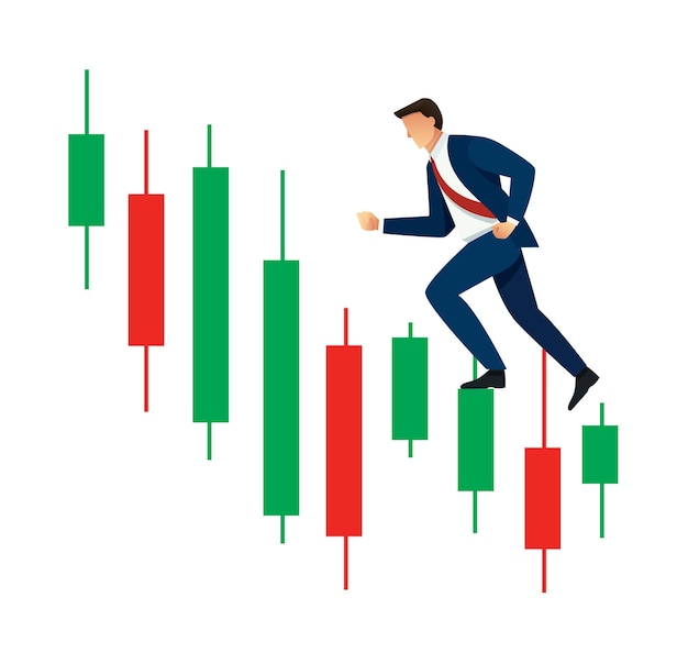 Businessman running on financial bar graph