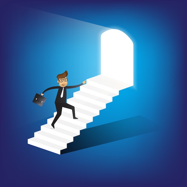 Businessman running up stairway to the door