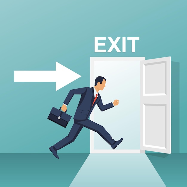 Businessman runs into open door. Symbol exit. Human is running from work. Evacuation sing. Vector illustration flat design. Isolated on white background. Emergency exit.