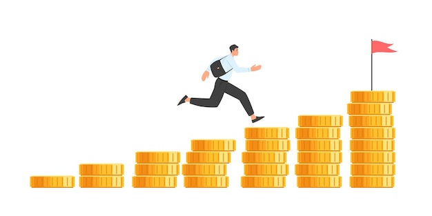 Businessman runs up the stacks of coins. Concept of striving for financial success, moving towards a goal. Vector illustration isolated on white background